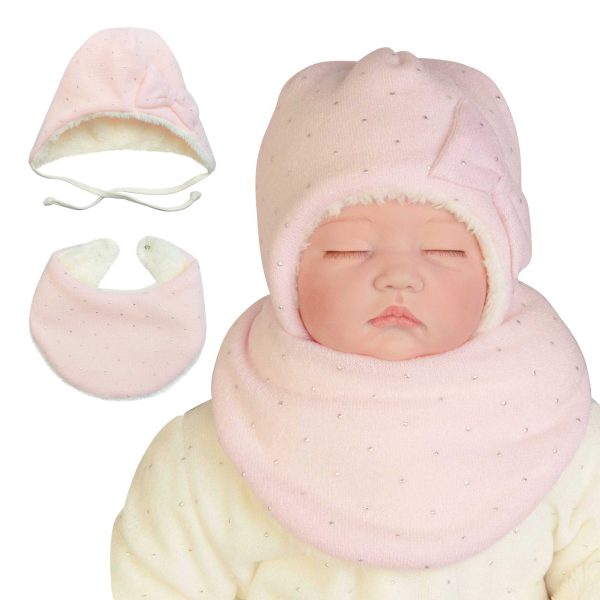 czapka i apaszka komplet ciepły na futerku dla noworodka i niemowlaka dziewczynki sweterkowy jasny róż w perełki z kokardą