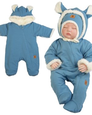 ciepły kombinezon pajac na futerku dla noworodka i niemowlaka niebieski zgaszony jeans z rękawiczkami kapturem i uszami