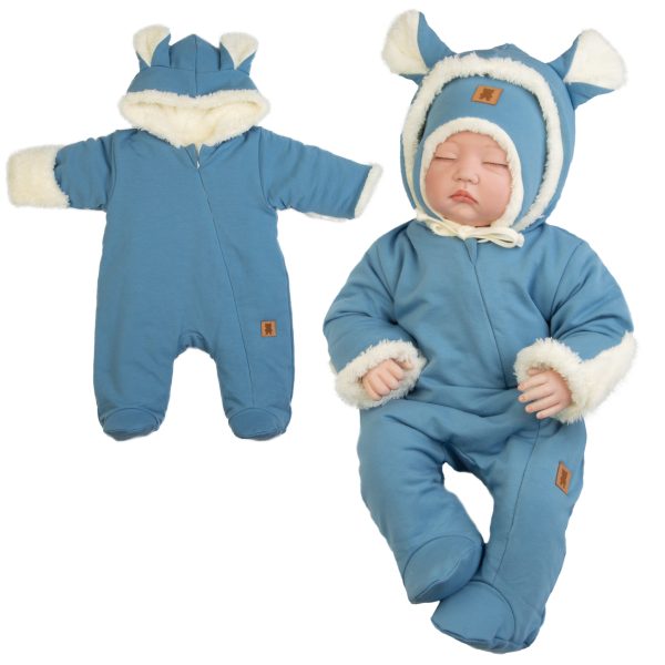 ciepły kombinezon pajac na futerku dla noworodka i niemowlaka niebieski zgaszony jeans z rękawiczkami kapturem i uszami