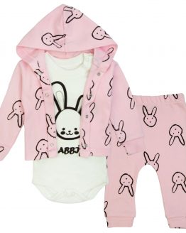 komplet niemowlęcy rabbit wyprawka dla noworodka bawełniana jasny róż bluza i spodnie i body długi rękaw z nadrukiem wyprawka do szpitala