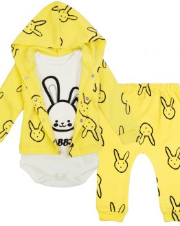 komplet niemowlęcy rabbit wyprawka dla noworodka bawełniana żółta bluza i spodnie i body długi rękaw z nadrukiem wyprawka do szpitala