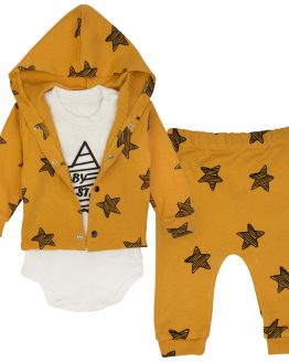 musztardowy komplet stars dla noworodka chłopca stars w gwiazdy dresik bluza spodnie i body prezent dla niemowlaka wyprawka