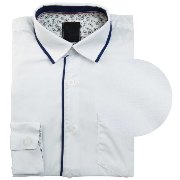 biała koszula długi rękaw z granatowymi wstawkami dla chłopca dziecięca młodzieżowa elegancka do szkoły i garnituru