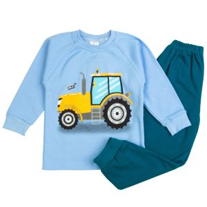 niebieska piżamka dla chłopca spodnie bawełniane i bluzka długi rękaw błękitna z nadrukiem traktor