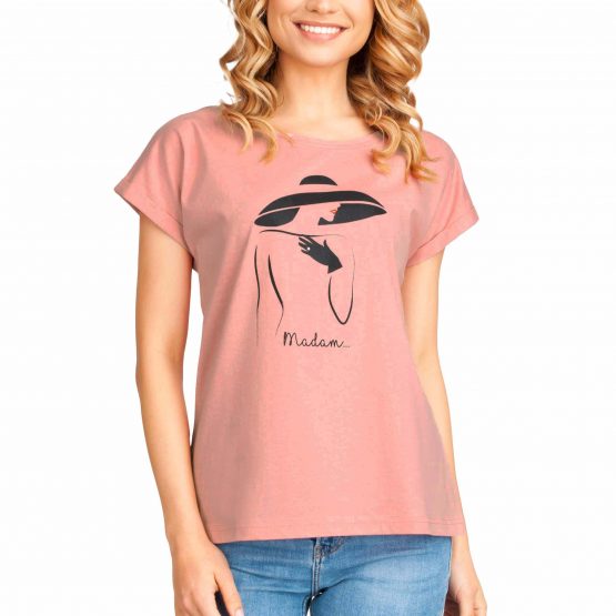 brudny róż t-shirt koszulka damska krótki rękaw bawełniana z nadrukiem kobiety w kapeluszu