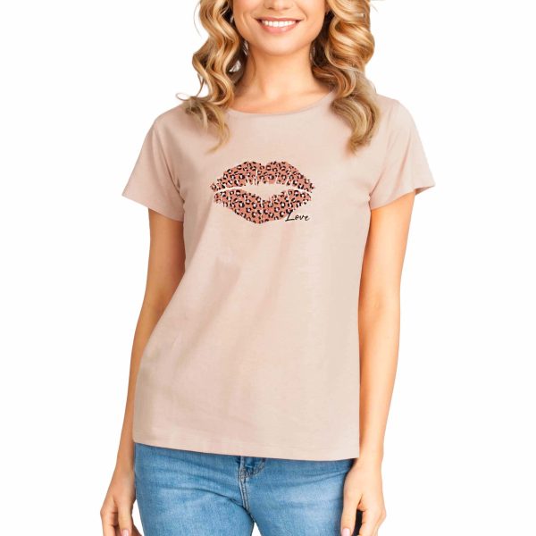 t-shirt koszulka damska krótki rękaw brudny róż z nadrukiem usta