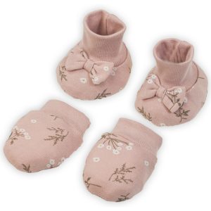 pudrowy róż buciki niechodki bawełniane dla noworodka i rękawiczki niedrapki z kokardkami w kwiatuszki ciuchciuch nicol nela