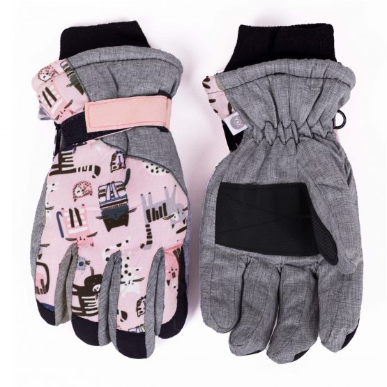 rękawice narciarskie zimowe ocieplane rękawiczki pięciopalcowe na śnieg na sanki dziewczęce różowe koty
