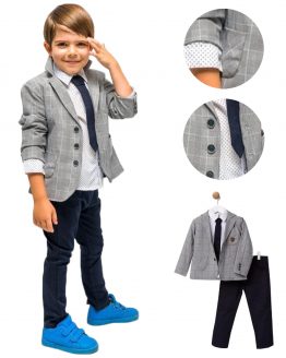 garnitur dziecięcy szara marynarka granatowe elegancie spodnie biała koszula w drobny wzór i krawat na gumce