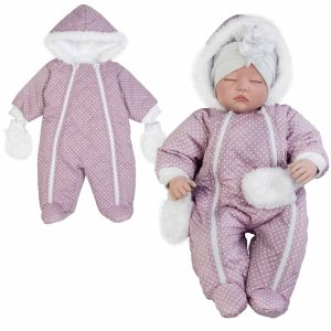 ciepły zimowy wodoodporny kombinezon artalionowy dla niemowlaka fioletowy w groszki pikowany ocieplony białym futerkiem z przypinanymi rękawiczkami na dwa zamki wygodny dla noworodka