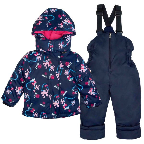 kombinezon zimowy narciarski ciepły dla dziewczynki kurtka z kapturem granatowa w serca i spodnie na szelkach granatowe na śnieg dla dziecka