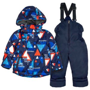 kombinezon zimowy narciarski dla chłopca dziecka granatowa kurtka z kapturem w pomarańczowe trójkąty i granatowe spodnie narciarskie ocieplane na szelkach wodoodporne