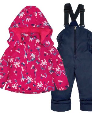 kombinezon zimowy narciarski ciepły dla dziewczynki kurtka z kapturem różowa w serca i spodnie na szelkach granatowe na śnieg dla dziecka
