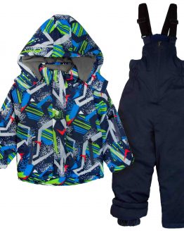 granatowy kombinezon zimowy narciarski dziecięcy na narty i śnieg kurtka z kapturem w niebieskie zygzaki i granatowe spodnie ocieplane na szelkach wodoodporne