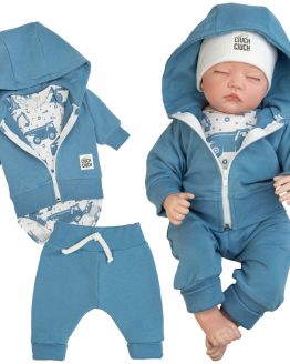 komplet niemowlęcy dresik niebieski bluza zapinana z kapturem i spodenki niemowlęce dresowe dla noworodka i niemowlaka i białe body w niebieskie koparki długi rękaw wyprawka do szpitala i prezent dla noworodka ciuchciuch