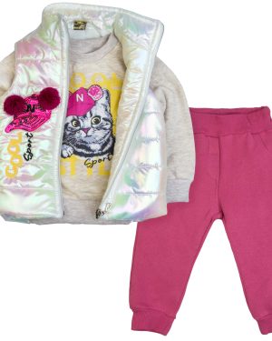 komplet ocieplany dla dziewczynki dres spodnie i bluza z meszkiem i kamizelka bezrękawnik pikowany połyskująca holograficzna z aplikacjami ciepły zestaw