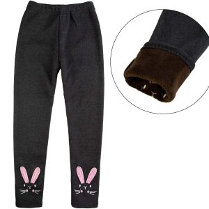 grafitowe szare legginsy z futerkiem wewnątrz ocieplane zimowe gładkie z haftowanym królikiem z brokatem