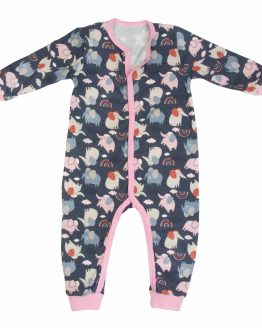 rampers długi pajac bez stóp rozpinany długi rękaw niemowlęcy piżama jednoczęściowa granatowy w różowy wzór słonik