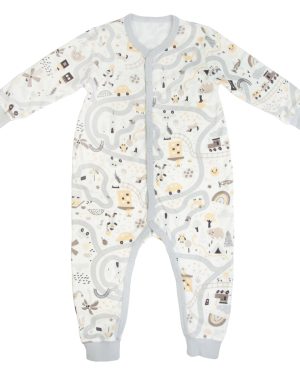 rampers długi pajac bez stóp rozpinany długi rękaw niemowlęcy piżama jednoczęściowa szary wzór historyjka