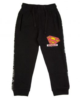 czarne spodnie dresowe z troczkami i taśmami wzdłuż nogawek z logo superman dziecięce