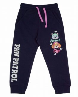 granatowe spodnie dresowe dla dziewczynki z kieszeniami i fioletowymi troczkami w pasie nadruk psi patrol brokat