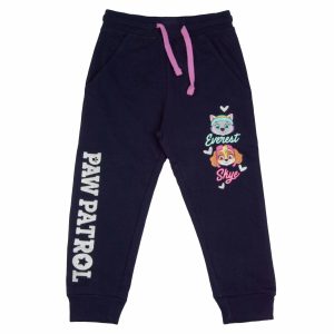 granatowe spodnie dresowe dla dziewczynki z kieszeniami i fioletowymi troczkami w pasie nadruk psi patrol brokat
