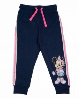 granatowe spodnie dresowe dla dziewczynki wiązane z troczkami w pasie do regulacji z różowymi lampasami i nadrukiem myszki Minnie disney Mini