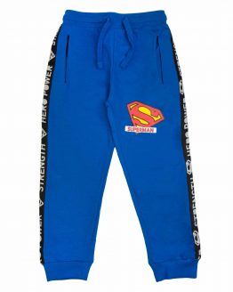 niebieskie spodnie dresowe z troczkami i taśmami wzdłuż nogawek z logo superman dziecięce