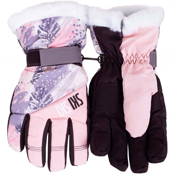 rękawice narciarskie zimowe na śnieg różowe z futerkiem dla dziewczynki damskie