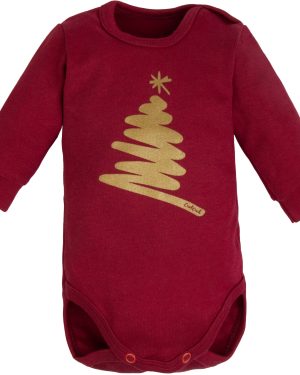 bordowe body niemowlęce długi rękaw z nadrukową złotą choinką na piersi świąteczne święta boże narodzenie dla chłopca i dziewczynko