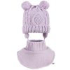 jasnofioletowy komplet niemowlęcy dla dziewczynki na zimę czapka z pomponami wiązana pod szyją i komin golf podszyty polarem z aplikacją serduszko ciuchciuch