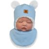 błękitny komplet niemowlęcy zimowy czapka i szalik apaszka ocieplane futerkiem do kombinezonu na zimę ciuchciuch błękitno-biały