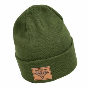 czapka dzianinowa dla dziecka chłopca w kolorze khaki z naszywką z ekoskóry montana na jesień lub zimę