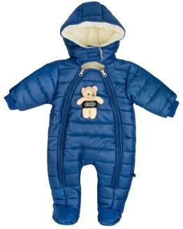 kombinezon zimowy pikowany wodoodporny niemowlęcy z kapturem ocieplany pajac dla niemowlaka z misiem niebieski