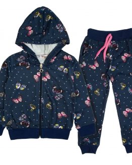 granatowy komplet dresowy dla dziewczynki spodnie z meszkiem i bluza rozpinana z kapturem granatowy w motylki