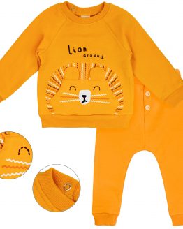 żółty komplet ocieplany dla małych dzieci bluza i spodnie dres z meszkiem na jesień i zimę lion z kieszenią i guziczkami