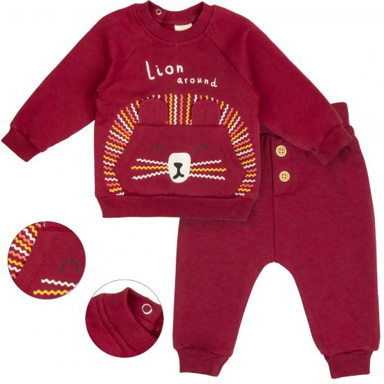 bordowy komplet ocieplany dla małych dzieci bluza i spodnie dres z meszkiem na jesień i zimę lion z kieszenią i guziczkami