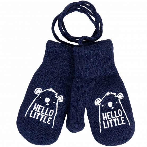 granatowe rękawiczki na sznurku dla niemowlaka i małego chłopca podwójne ciepłe na zimę zimowe HELLO LITTLE