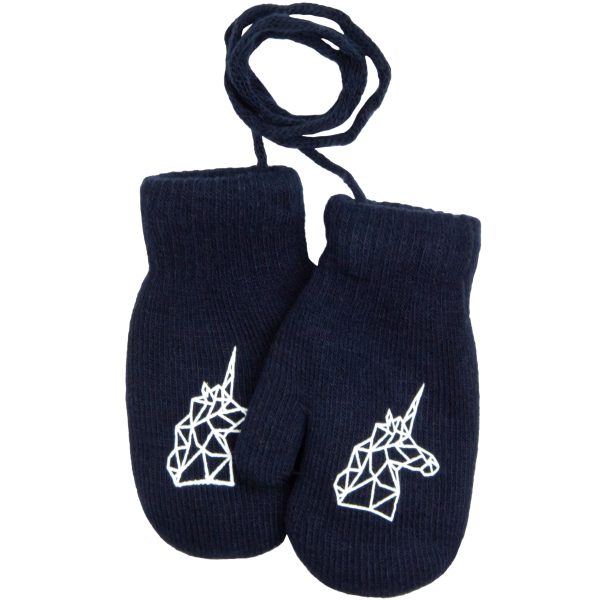 granatowe rękawiczki na sznurku dla niemowlaka i małej dziewczynki podwójne ciepłe na zimę zimowe jednorożec