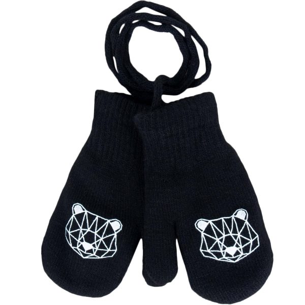 czarne rękawiczki na sznurku dla niemowlaka i małego chłopca podwójne ciepłe na zimę zimowe MIŚ