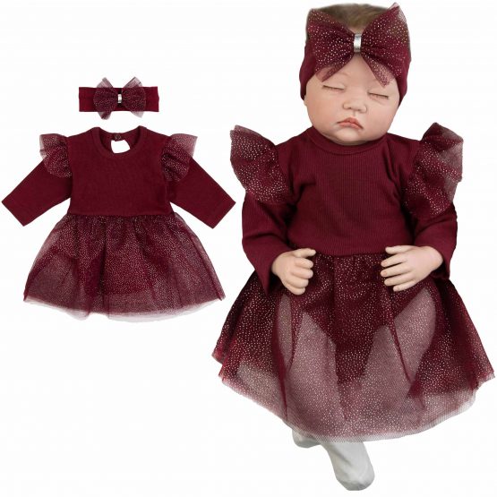 bordowa bodosukienka sukienko-body długi rękaw z tiulem i falbankami z opaską z kokardą w komplecie na święta świąteczna boże narodzenia niemowlęca dla dziewczynki prezent