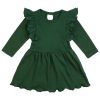 gładka sukienka bez nadruków długi rękaw dla dziewczynki z falbankami bawełniana w kolorze butelkowej zieleni ciuchciuch