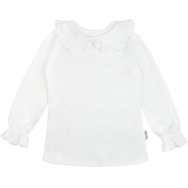 bluzka biała bawełniana elegancka z kołnierzykiem z falbankami dla dziewczynki śnieżnobiała