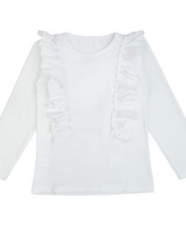 biała gładka bluzka długi rękaw elegancka z falbankami dla dziewczynki do spódniczki święta galowa wizytowa mrofi ciuchciuch