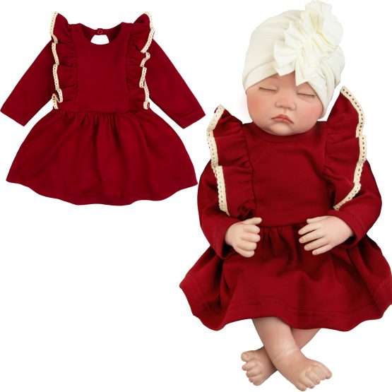 bordowa bodosukienka sukienka z body długi rękaw dla niemowlaka dziewczynki z falbankami i koronką na święta jesień zima elegancka i wygodna ciuchciuch