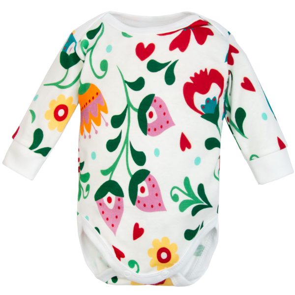 białe body długi rękaw dla noworodka i niemowlaka w kolorowe kwiaty folkowy wzór bawełniane