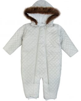 szary kombinezon zimowy bez stóp dla małej dziewczynki niemowlęcy z kapturem ocieplany z futerkiem na dwa zamki zimowy