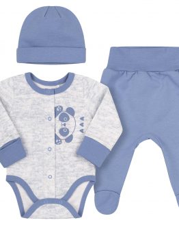 szaro-niebieski komplet dla noworodka i niemowlaka body rozpinane na całej długości półśpiochy z ocieplanej bawełny z meszkiem i czapeczka pandy