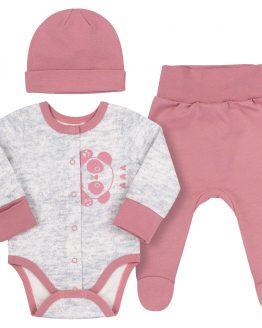 szaro-różowy komplet dla noworodka i niemowlaka body rozpinane na całej długości półśpiochy z ocieplanej bawełny z meszkiem i czapeczka pandy