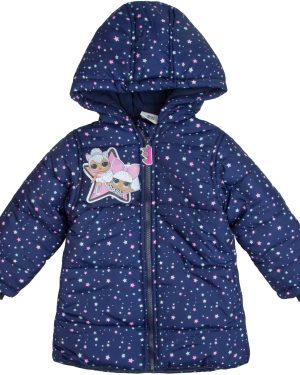granatowa kurtka ocieplana na polarze z kapturem w pastelowe gwiazdki z bajki LOL jesień zima dla dziewczynki pikowana ciepła